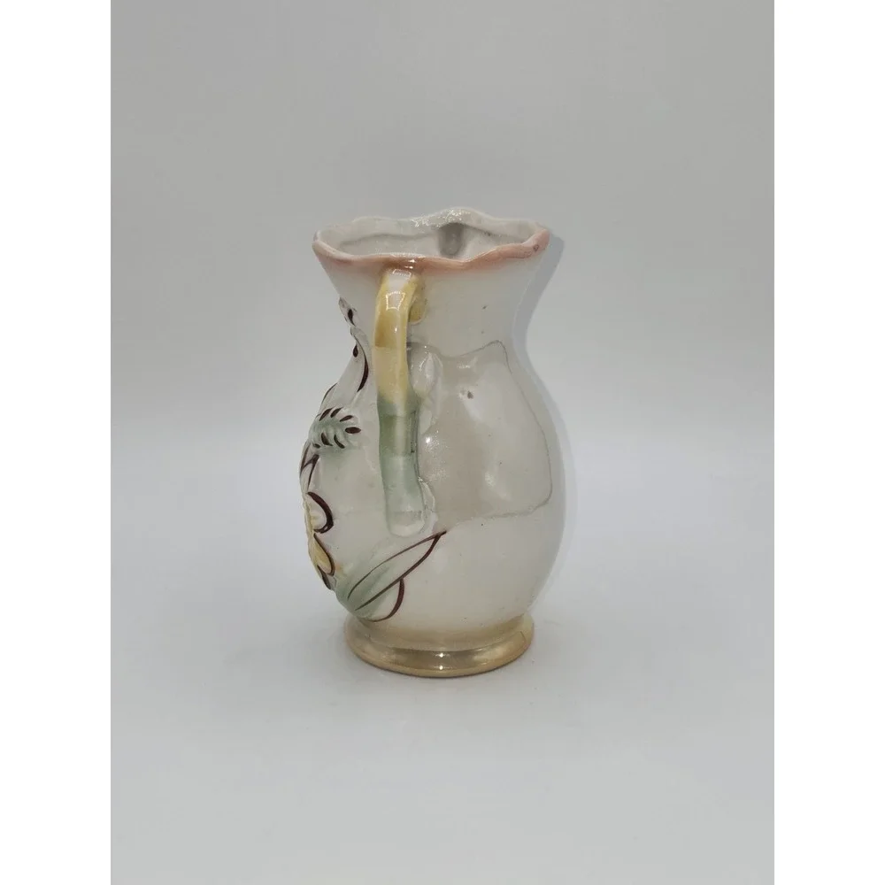 Vintage Brazil Art Pottery Double Handle Floral Vase Pink Rose Daisy Relief